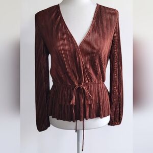 Zara Plissé Pleated Wrap Blouse, Tie Waist Blousin Sleeves, Rust, Women's Medium